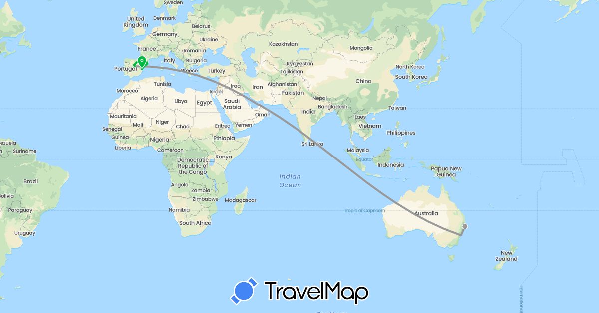 TravelMap itinerary: driving, bus, plane in Andorra, United Arab Emirates, Australia, Spain (Asia, Europe, Oceania)